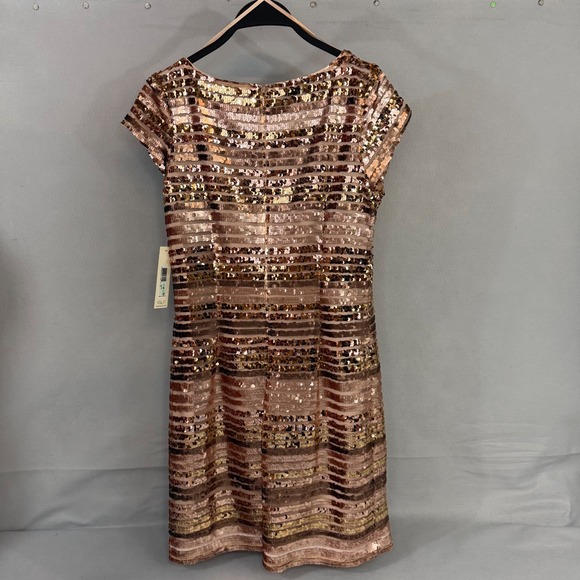 Eliza J Rose Gold Sequin Striped Sheath Dress EJ8M1078 Nude Bronze Sz 8 NEW - Picture 2 of 5